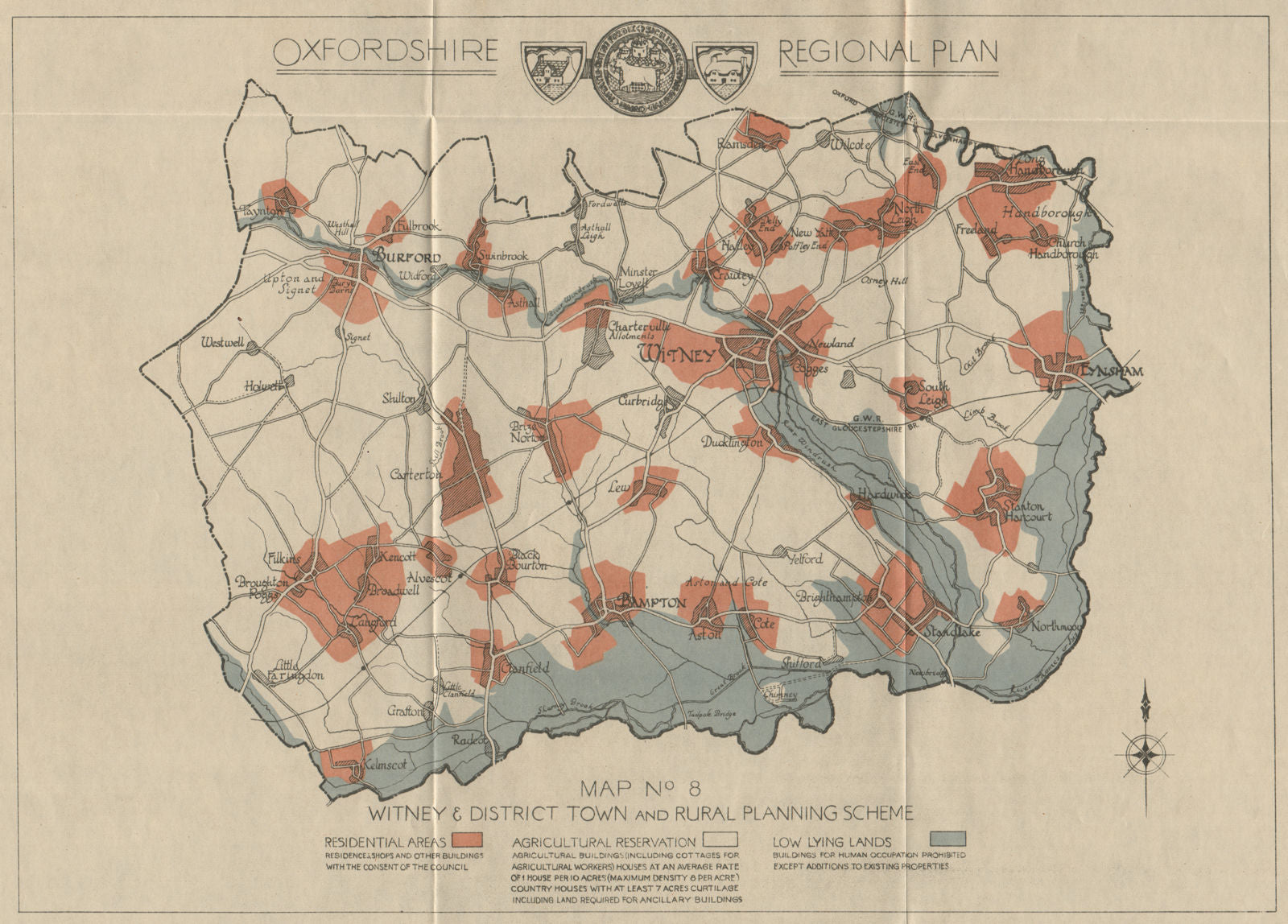 WITNEY AREA. Oxfordshire plan. Flood control. Planned residential areas 1931 map